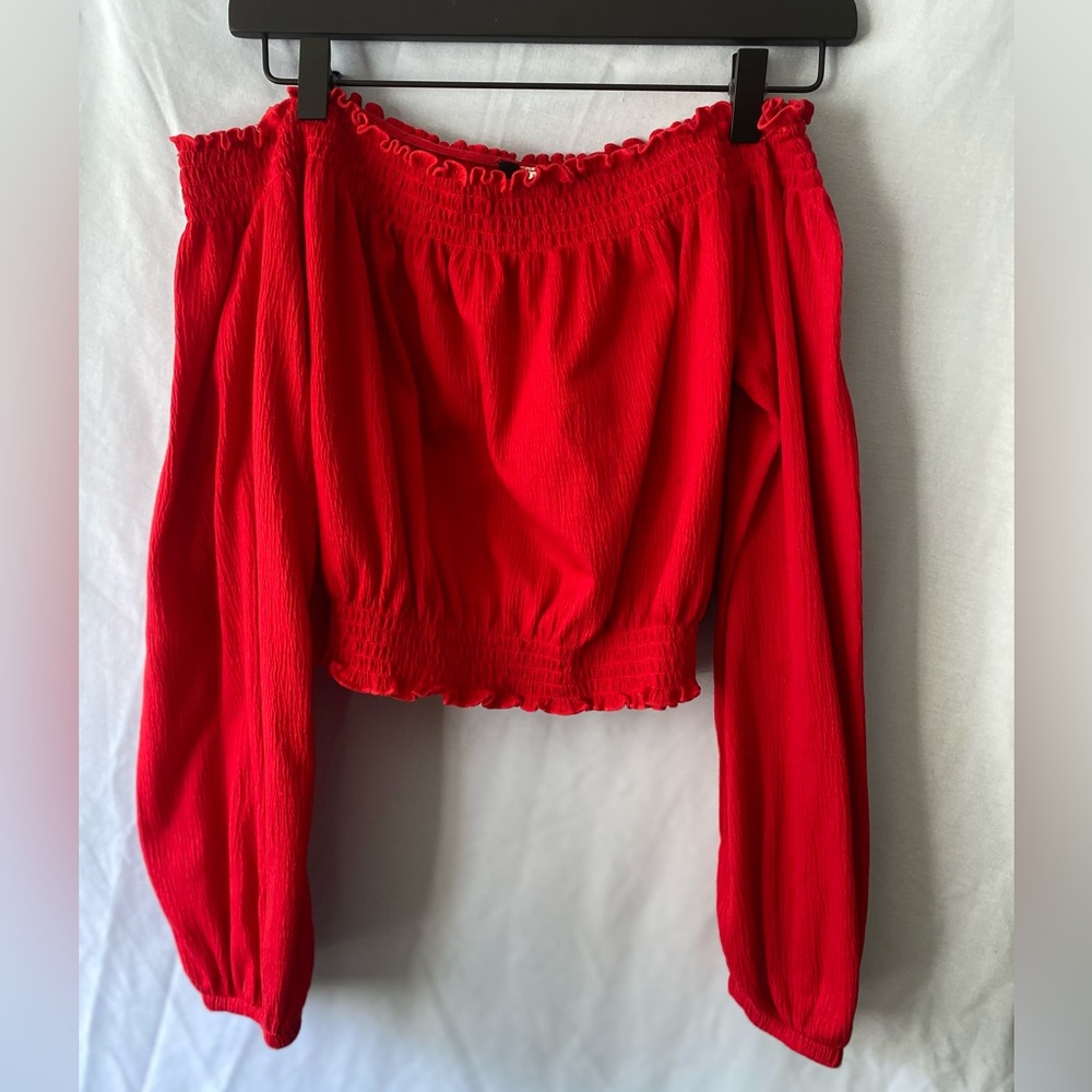 Off the shoulder, long sleeve, red shirt